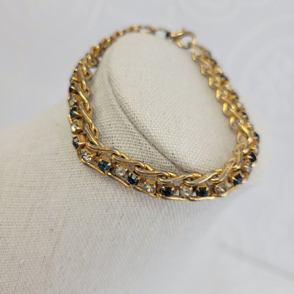 Jewelry - Vintage Gold Tone Rhinestone Link Bracelet Blue Clear Stones 8" Lobster Clasp